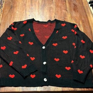 Stylish Black Cardigan with Red Heart Pattern